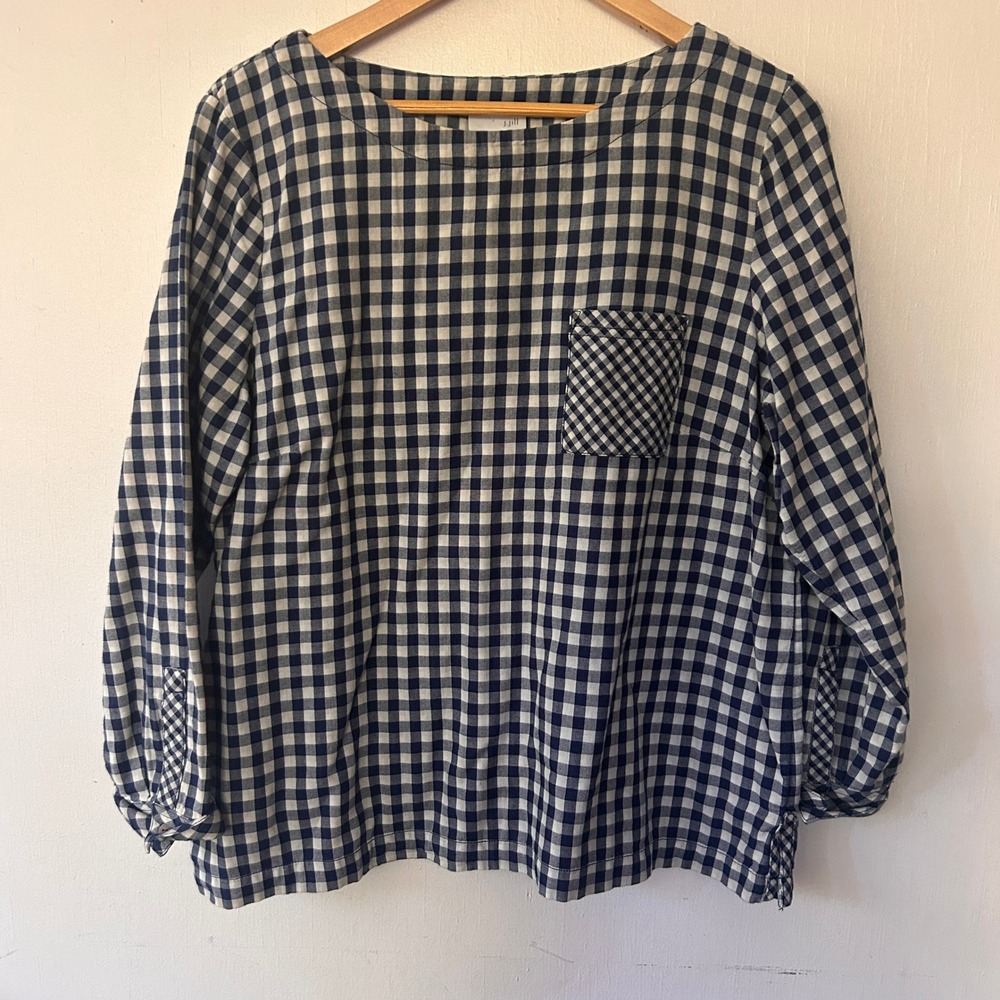 J. Jill Blue Gingham Top Womens Large Petite Cotton Button Back Cottagecore
